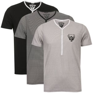 Ringspun Men's 3-Pack Meteor Short Sleeve Grandad T-Shirt - Black Striped/Black/Grey Striped