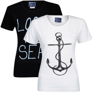 Pure Juice Women's 2 Pack Anchor & Lost at Sea Graphic T-Shirt - White/Black