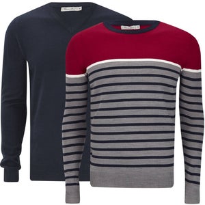 Brave Soul Men's Marc 2-Pack Knitted Jumpers - Mid Grey Marl/Dark Navy/Ecru/Pillar Box Red