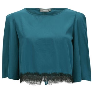 LOVE Women's Lace Edge Tie Back Crop Top - Blue