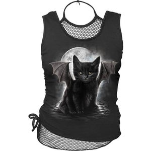Spiral Women's BAT CAT 2 in 1 Neck Tie Mesh Top - Black