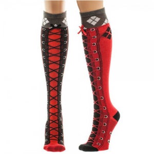 DC Comics Women's Bombshells Harley Quinn Faux Lace Up Socks - Black/Red
