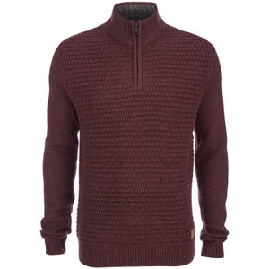 Threadbare Men's Redford Textured Quarter Zip Neck Funnel Knitted Jumper - Burgundy