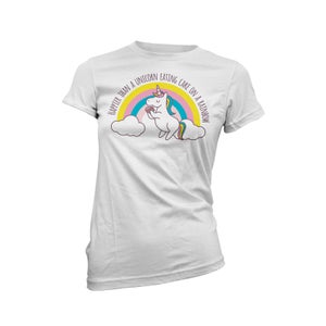 Happier Than A Unicorn Eating Cake On A Rainbow Frauen T-Shirt - Weiß