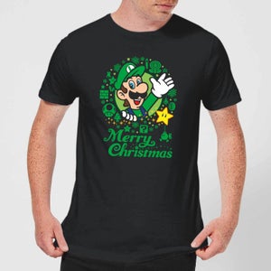 Nintendo Super Mario Luigi Merry Christmas Wreath Black T-Shirt