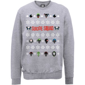 DC Comics Suicide Squad Character Faces Grey Christmas Sweater