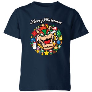 T-Shirt de Noël Enfant Bowser Joyeux Noël Couronne de Noël - Super Mario Nintendo - Bleu Marine