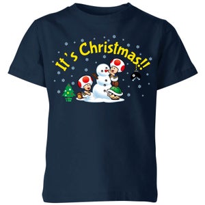 Nintendo Toad Snowman Merry Christmas Kinder T-Shirt - Navy Blau