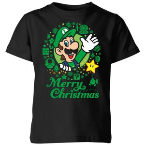 Nintendo Super Mario Luigi White Wreath Merry Christmas Kids' T-Shirt - Black
