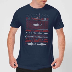 T-Shirt de Noël Homme Grand Requin Blanc Les Dents de La Mer - Bleu Marine