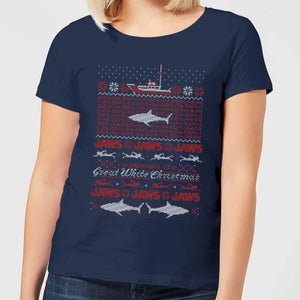 T-Shirt de Noël Femme Grand Requin Blanc Les Dents de La Mer - Bleu Marine