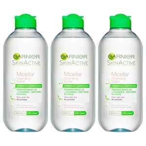 Garnier Micellar Water Facial Cleanser and Makeup Remover for Combination Skin 400ml (Pack of 3)