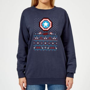Marvel Avengers Captain America Pixel Art Damen Weihnachtspullover - Navy Blau