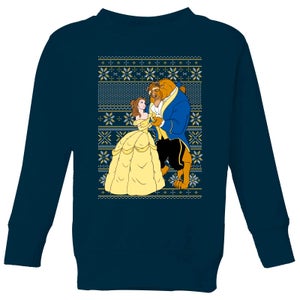 Disney Classic Beauty and The Beast Pattern Kids Christmas Sweater - Navy