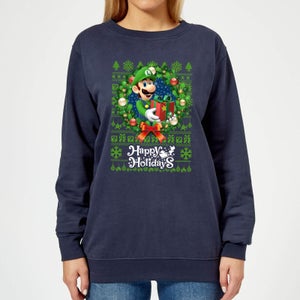 Nintendo Super Mario Happy Holidays Luigi Women's Christmas Sweatshirt - Navy