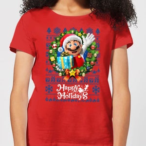 Nintendo Super Mario Happy Holidays Mario Women's Christmas T-Shirt - Red