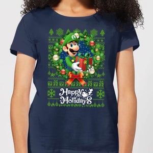 Nintendo Super Mario Happy Holidays Luigi Women's Christmas T-Shirt - Navy