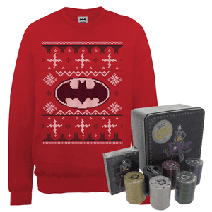 DC Batman Logo Christmas Jumper and Joker Poker Bundle - Red