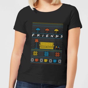 Friends Sofa Knit Damen Christmas T-Shirt - Schwarz