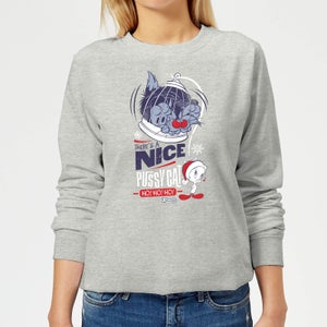 Looney Tunes Tweety Pie Pussy Cat Women's Christmas Sweatshirt - Grey