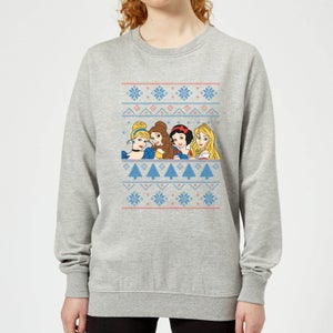 Disney Princess Faces Women's Christmas Sweatshirt - Grey
