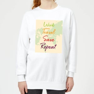 Work Travel Save Repeat Map Background Women's Sweatshirt - White