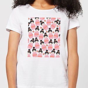 Pink Geisha Scattered Pattern Women's T-Shirt - White