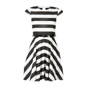 Club L Women's Cap Sleeve Striped Belted Skater Dress - Black/White