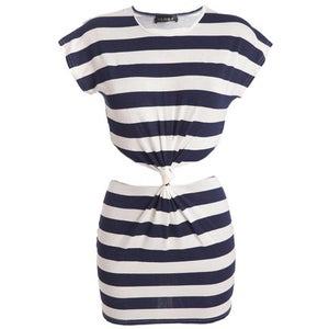 Club L Women's Striped Cut Out Stomach Knot Dress - Navy/White