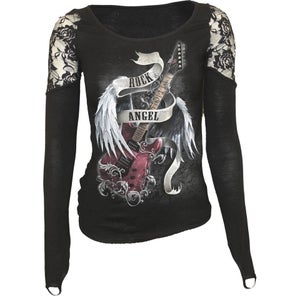 Spiral Women's ROCK ANGEL Shoulder Lace Top - Black