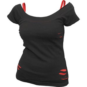 Spiral Women's URBAN FASHION 2 in 1 Red Ripped Top - Black