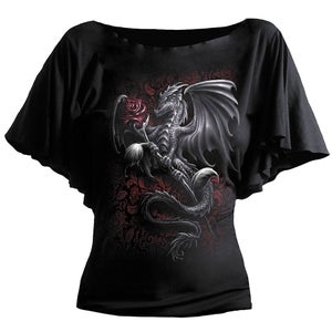 Spiral Women's DRAGON ROSE Boat Neck Bat Sleeve Top - Black