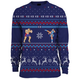 Capcom Street Fighter Sagat Vs. Chun Li Knitted Christmas Jumper - Blue