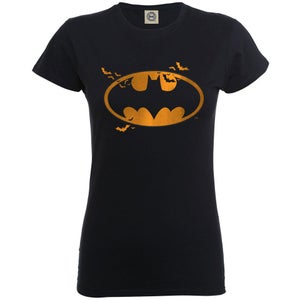 DC Comics Women's Batman Bats Halloween Logo Shirt - Black