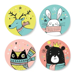 Cutesy Colourful Woodland Christmas Creatures Round Coaster Set