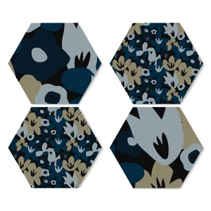 Abstract Navy Flowers Hexagonal Coaster Set