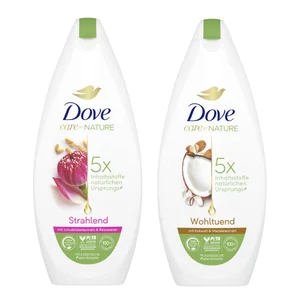 Dove Care by Nature Pflegedusche „Strahlend“ mit Lotusblumenextrakt und Reiswasser / „Wohltuend“ mit Kokosöl und Mandelextrakt