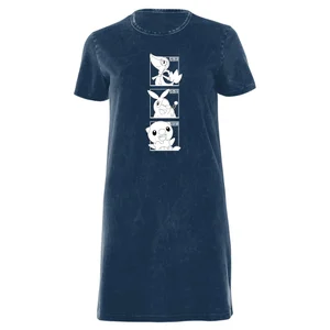 Pokemon Generation 5 Monochrome Starters Women's T-Shirt Dress - Navy Acid Wash
