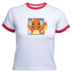 Pokémon Pokédex Glumanda #0004 Frauen Cropped Ringer T-Shirt - Weiß/Rot