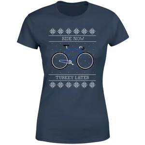 Ride Now, Turkey Later Women's Christmas T-Shirt - Navy