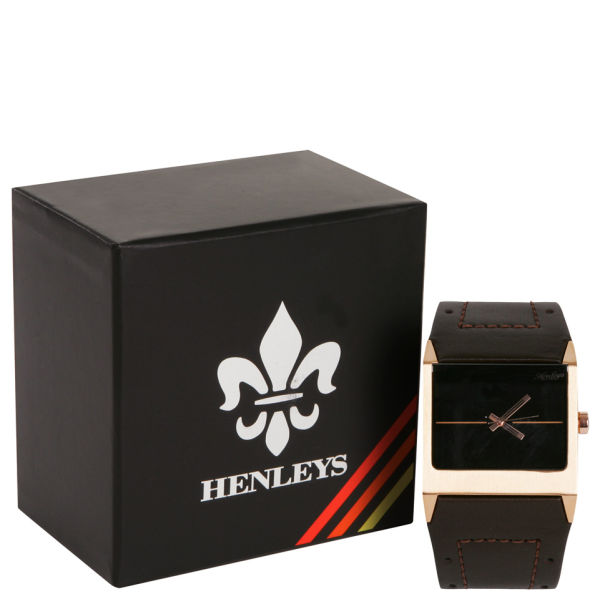 Henleys Men's Black and Bronze Dial Brown Leather Strap Watch