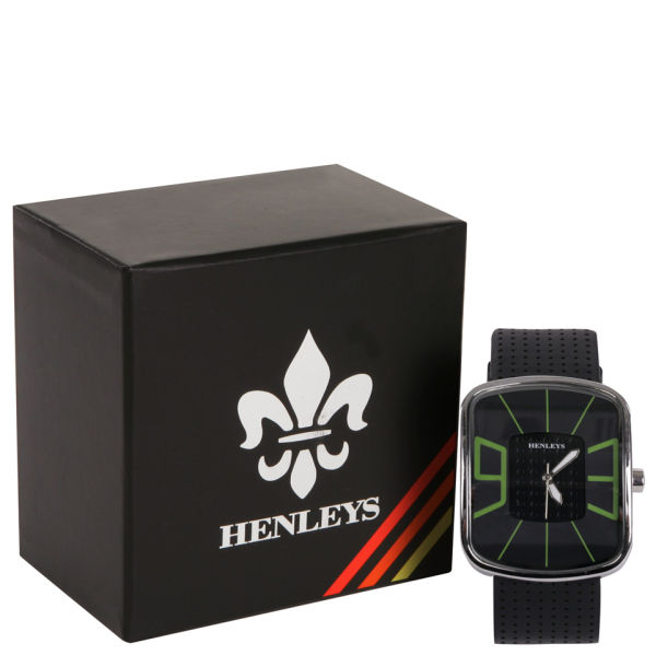 Henleys Men's Large Black Dial Green Stitch Watch