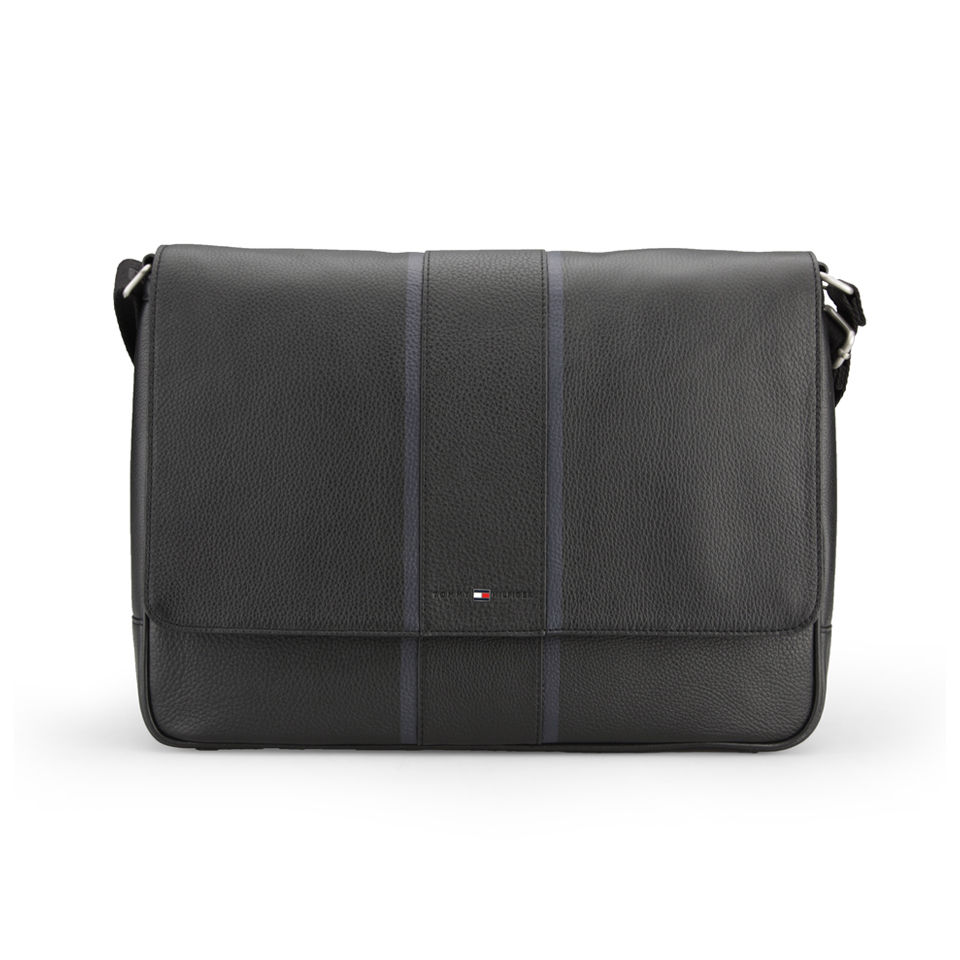 Tommy Hilfiger Men's Ridley Leather Messenger Bag with Flap - Black