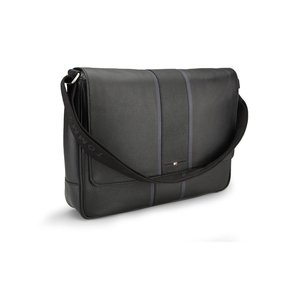 Tommy Hilfiger Men's Ridley Leather Messenger Bag with Flap - Black