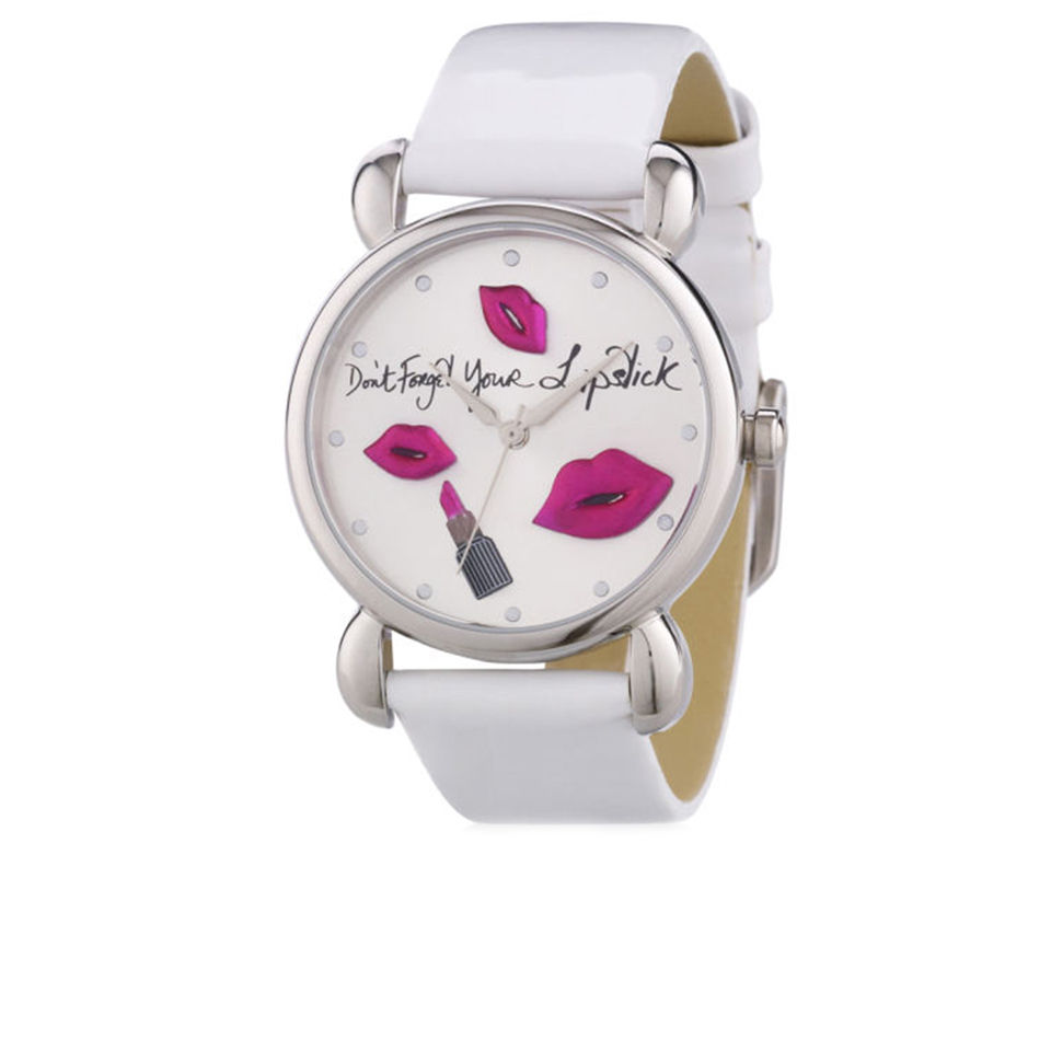 Lulu Guinness Mischief Don't Forget Your Lipstick Patent Leather Watch - White