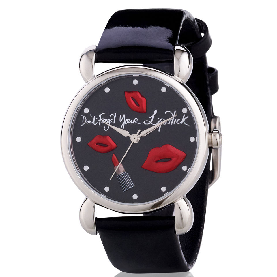 Lulu Guinness Mischief Don't Forget Your Lipstick Patent Leather Watch - Black