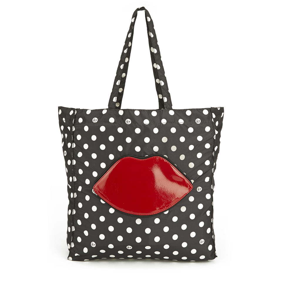 Lulu Guinness Red Lips Dot Foldaway Shopper Bag - Black