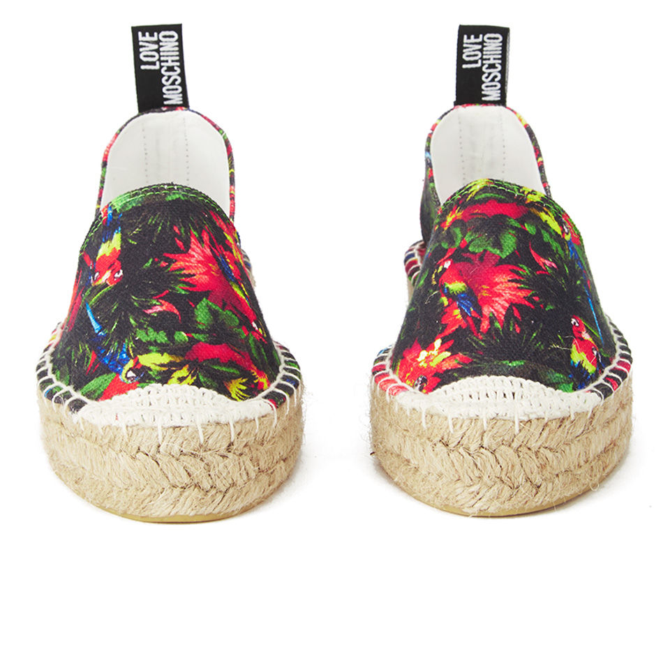 MOSCHINO フリル付きオープントゥミュール Love Moschino Women's Printed Wedged Sandals - White Multi