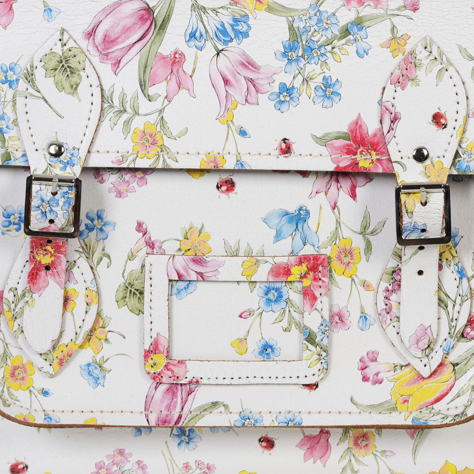 Zatchels 14.5 Inch Cracked Large Floral Leather Satchel with Handle White