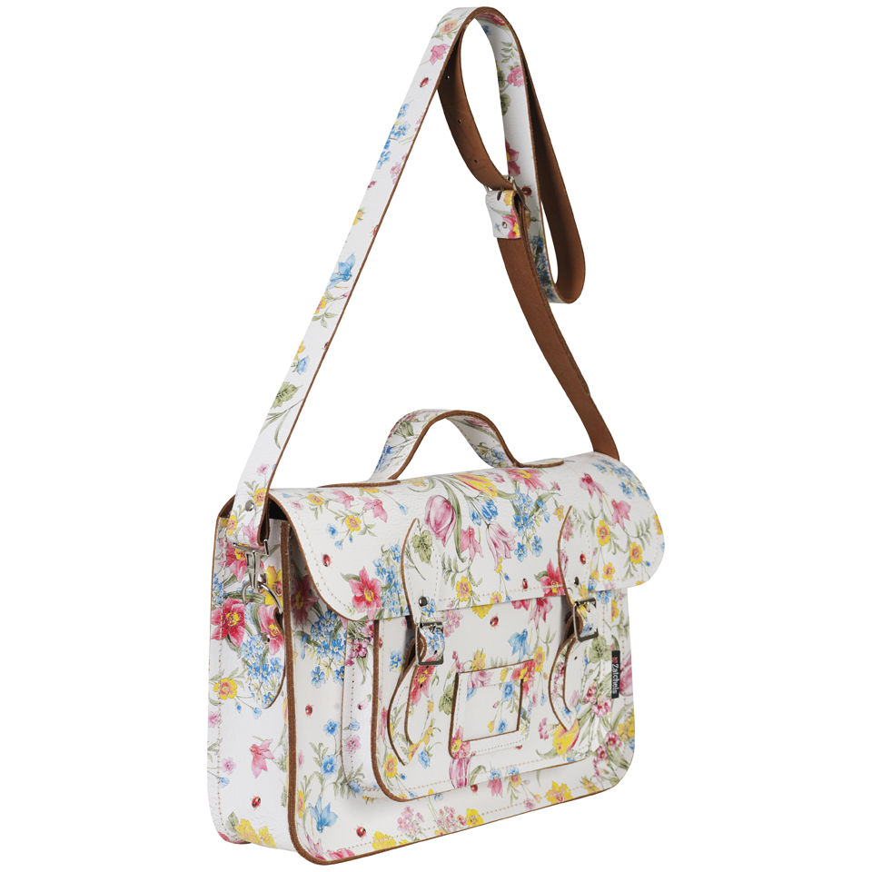 Zatchels 14.5 Inch Cracked Large Floral Leather Satchel with Handle - White